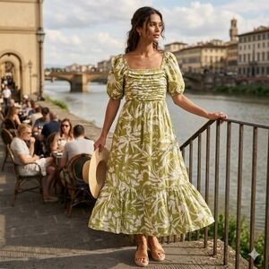 Anthropologie By the River Green White Floral Puff Sleeve Smocked Midaxi Dress S